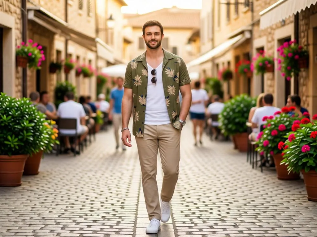 A man in a summer linen shirt walking through a Mediterranean street.
