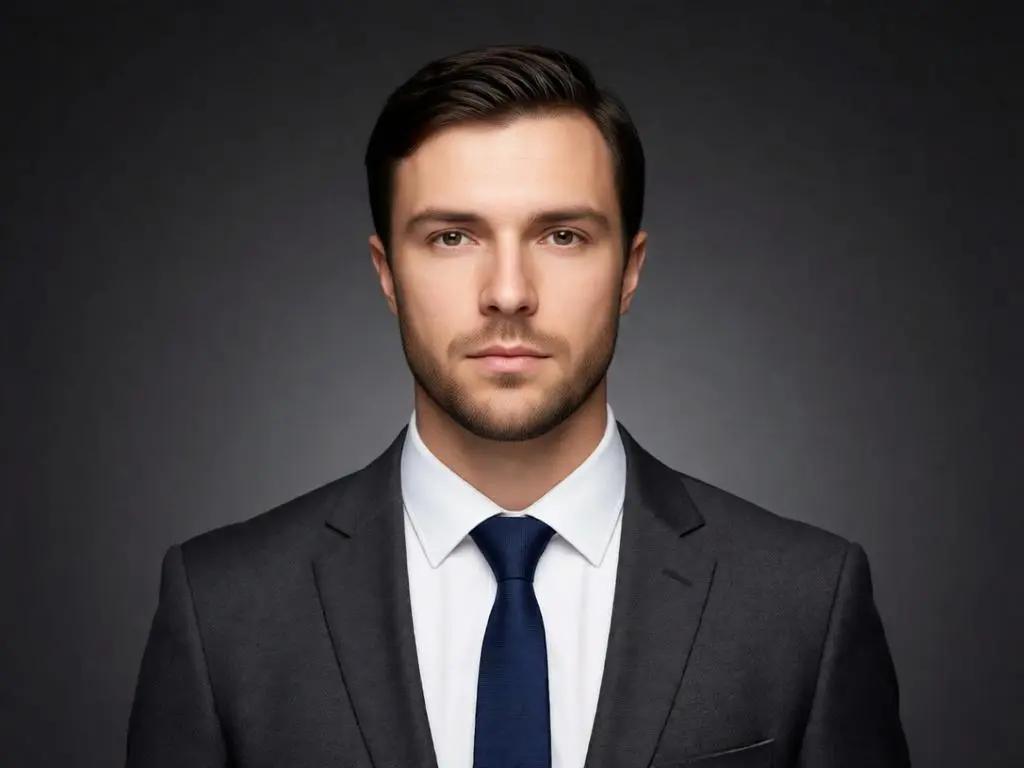 Adult man in a dark gray suit and blue tie, front-facing passport-style portrait with a dark gray background.