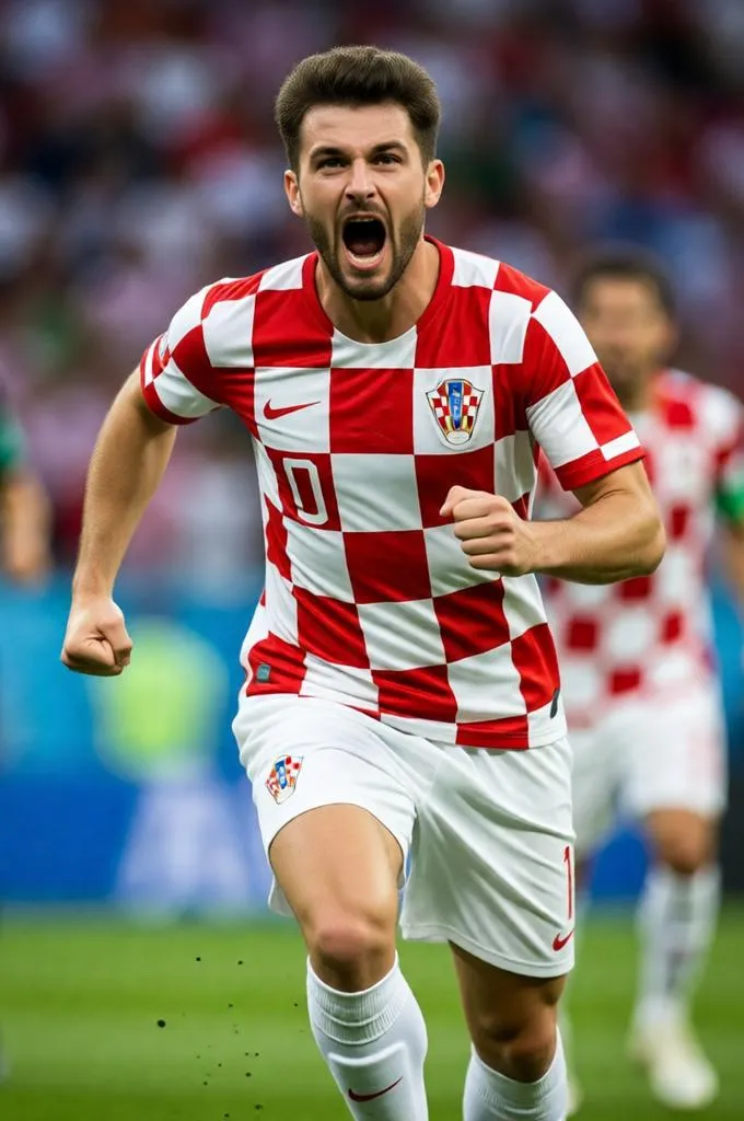 Croatian footballer in a checkered jersey celebrating passionately during a match.