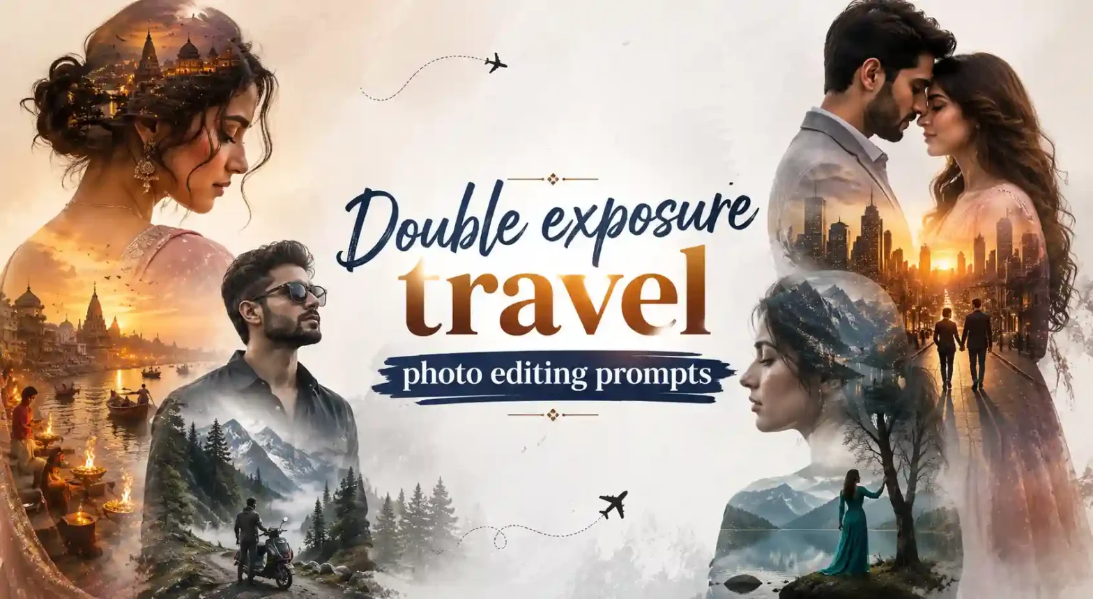 Double-exposure travel banner with portraits, landmarks, mountains, and cityscapes.