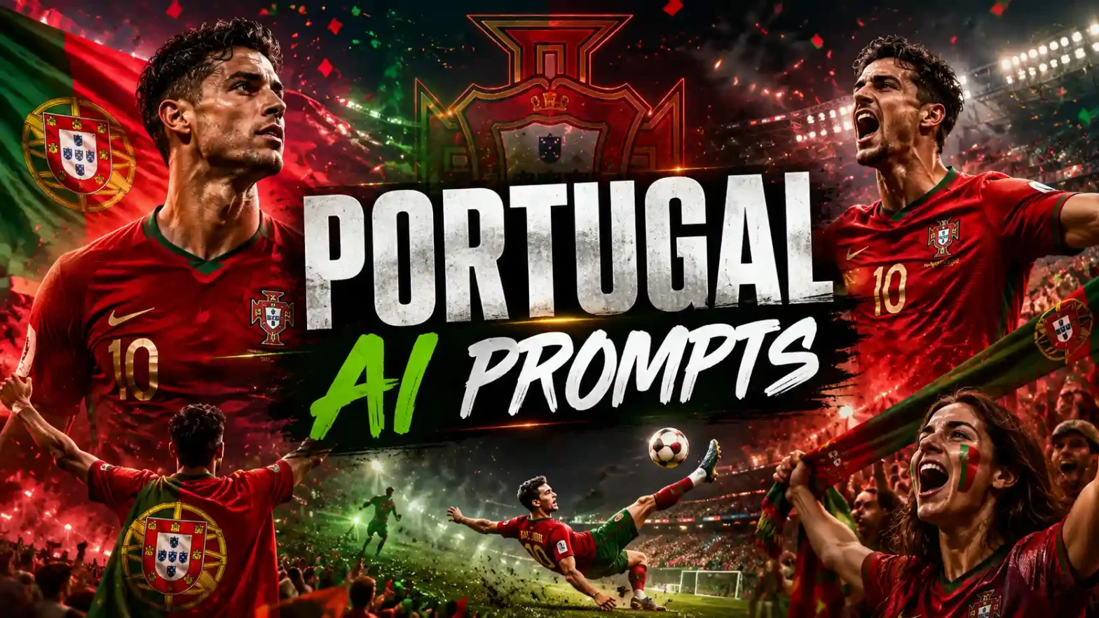 Portugal AI Prompts banner with football fans and stadium celebration.
