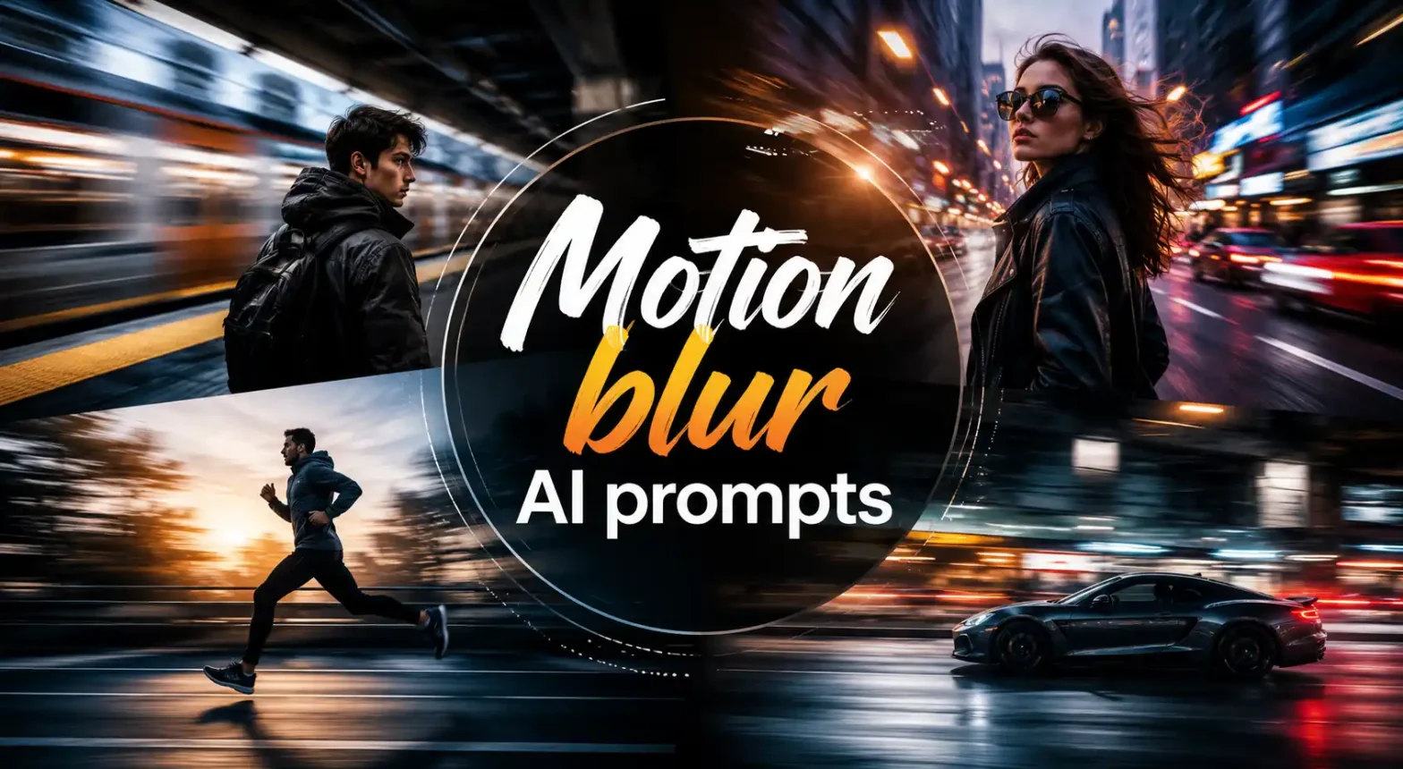 Motion Blur AI Prompts banner with cinematic speed effects and urban motion blur.