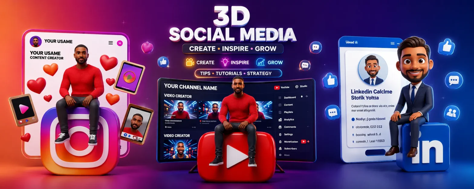 A vibrant 3D banner showcasing Instagram, YouTube, and LinkedIn-themed creator avatars with bold social media branding, symbolizing content creation, growth, and digital influence.