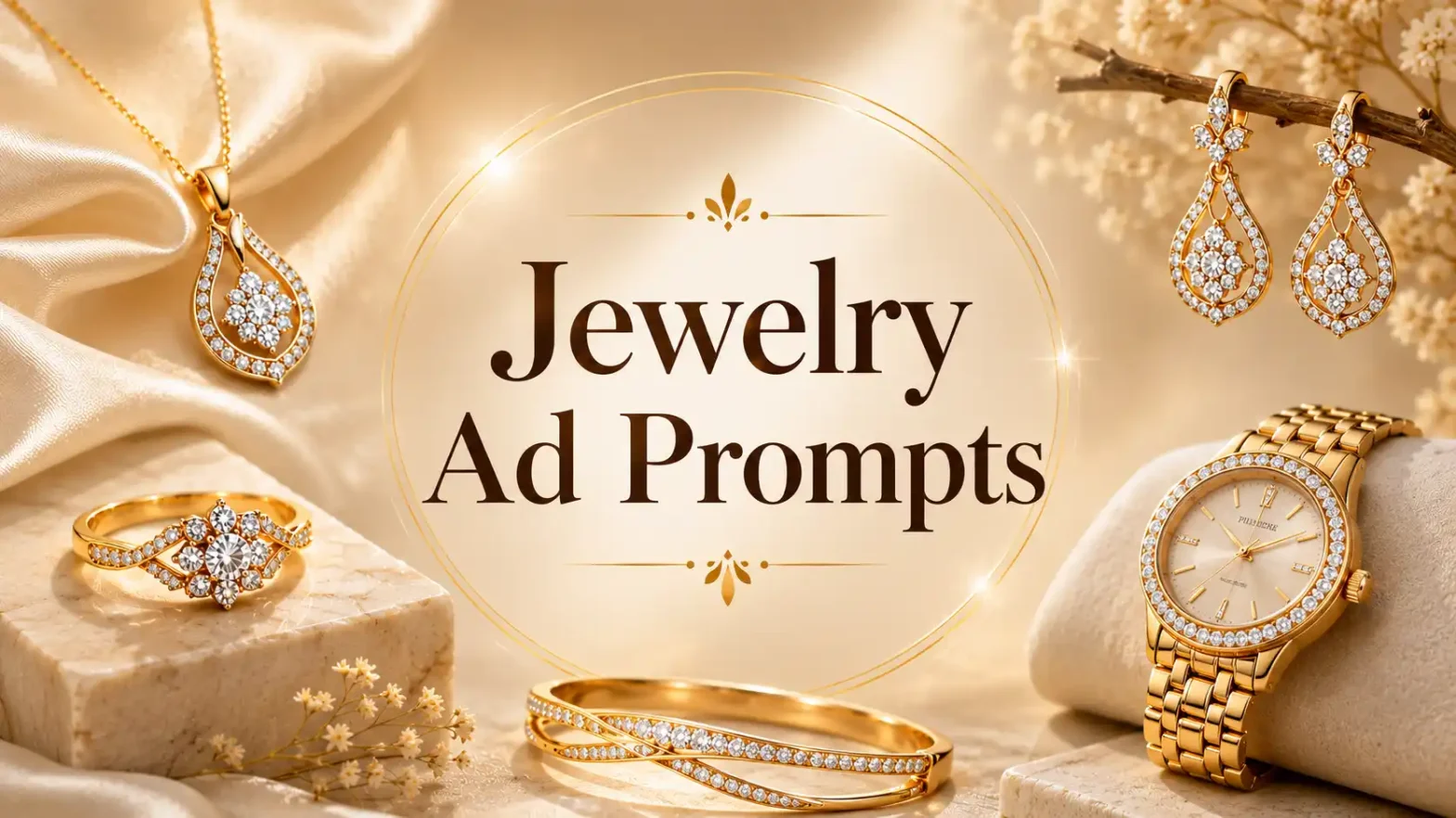 Luxury jewelry ad banner with gold accessories and an elegant beige background.