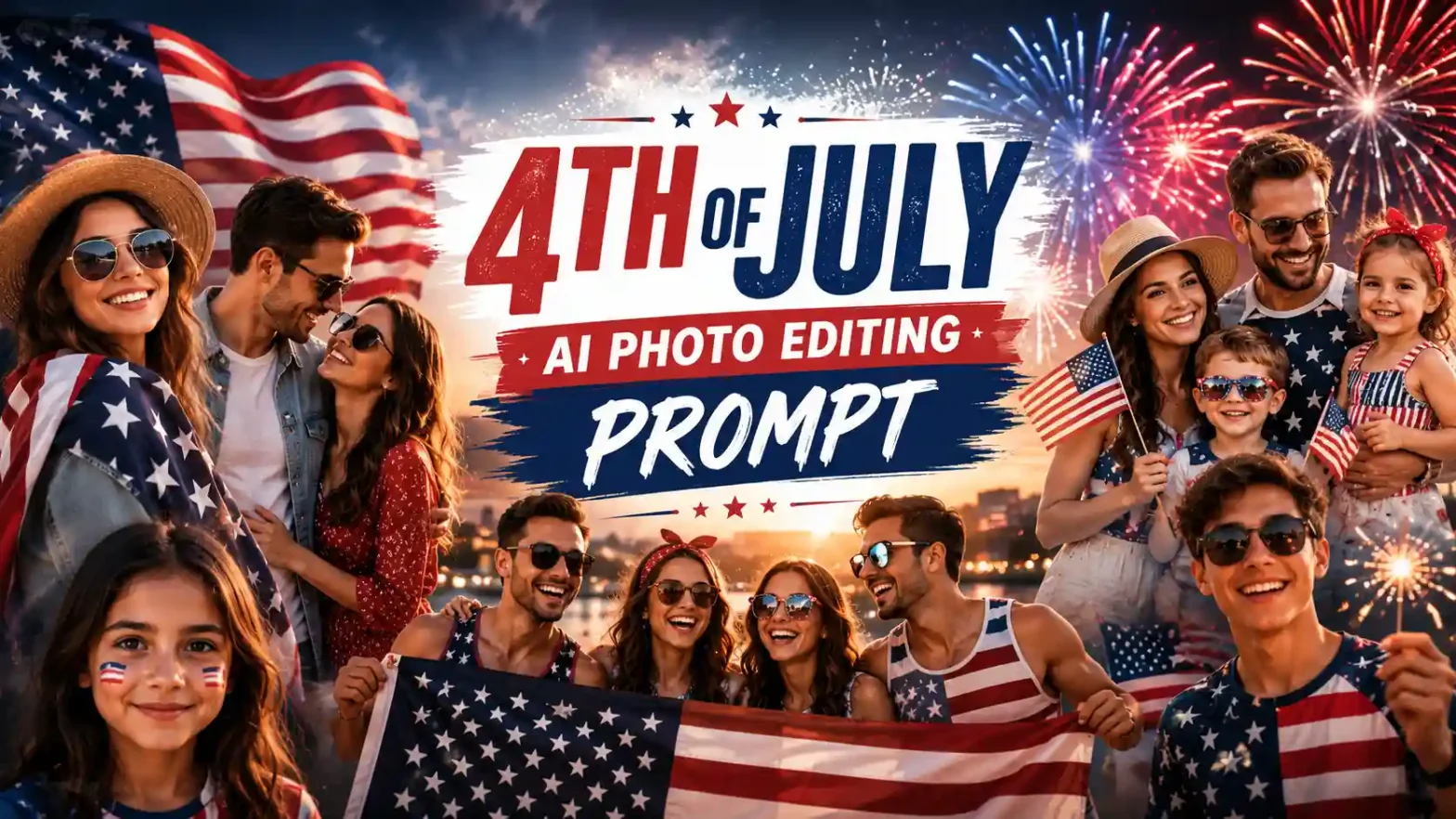 4th of July AI photo editing banner with fireworks, flags, family, friends, and a couple.