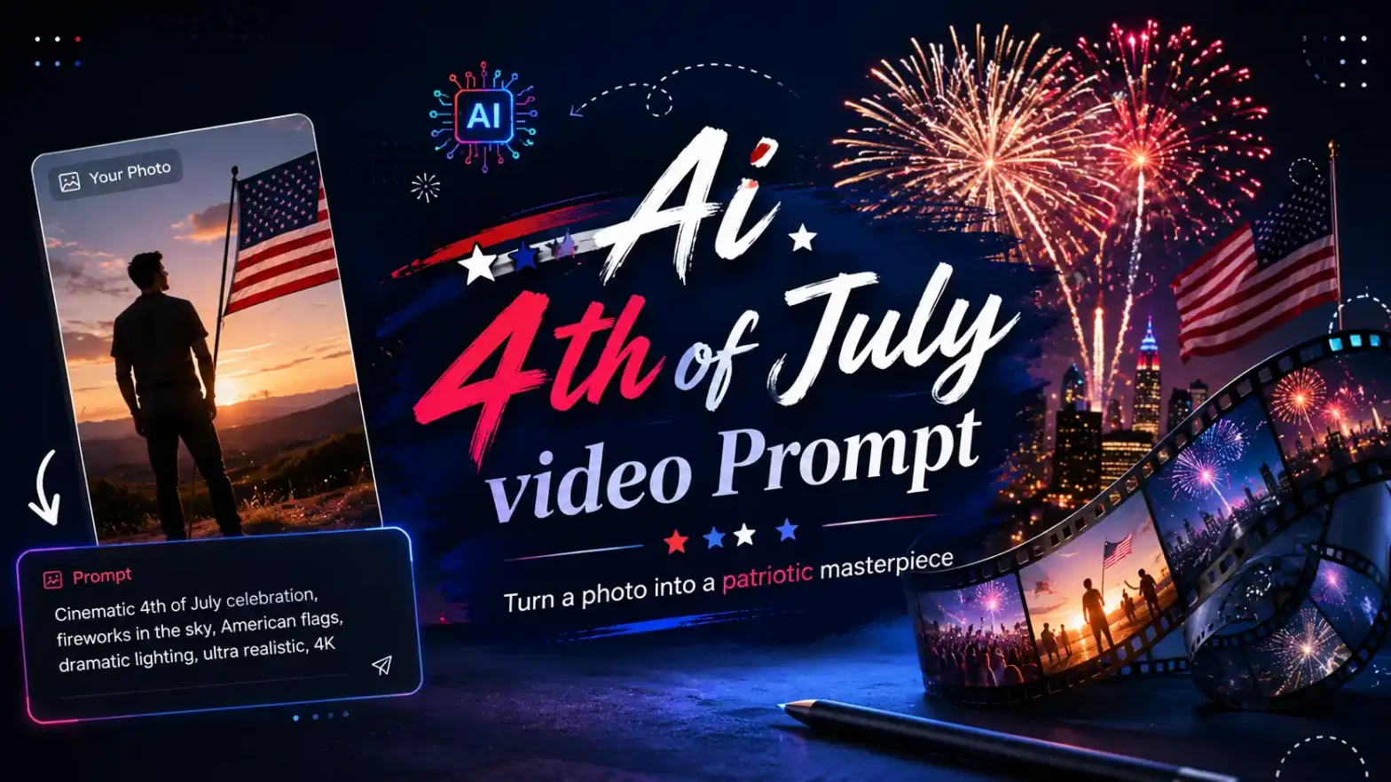 AI 4th of July video prompt banner with fireworks and patriotic effects.