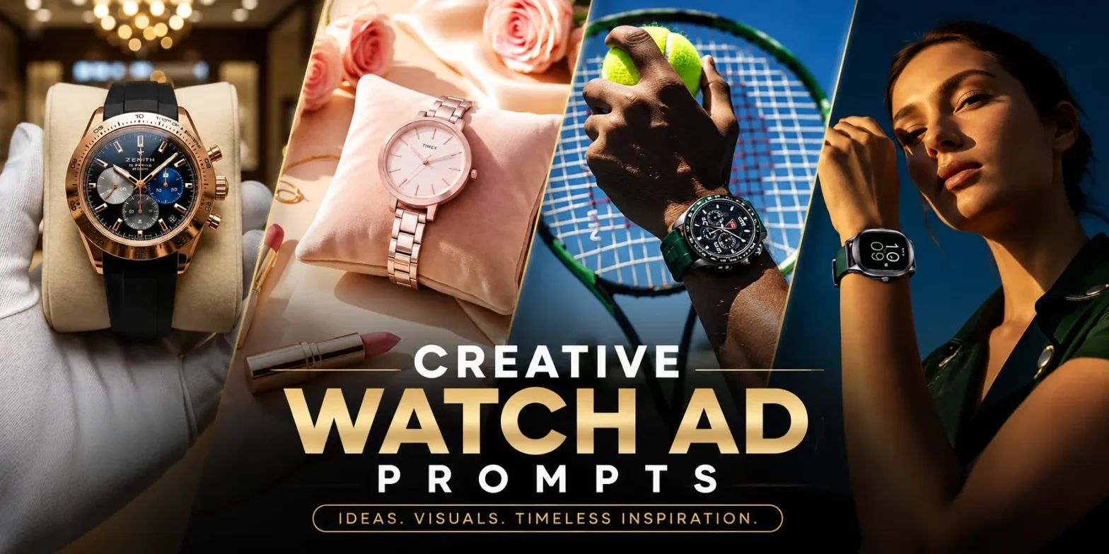 Creative Watch Ad Prompts banner featuring luxury, fashion, sports, and smartwatch advertising concepts showcased through premium watch photography and lifestyle imagery.