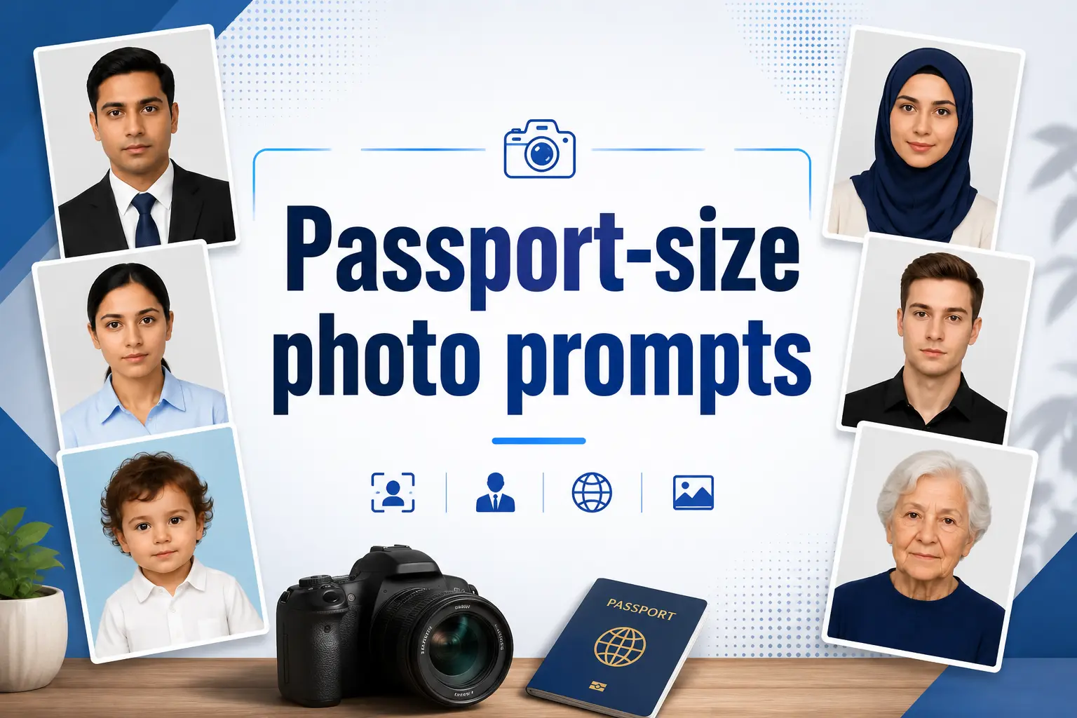 Banner with the text "Passport-size photo prompts" surrounded by passport-style portraits, a camera, and a passpor