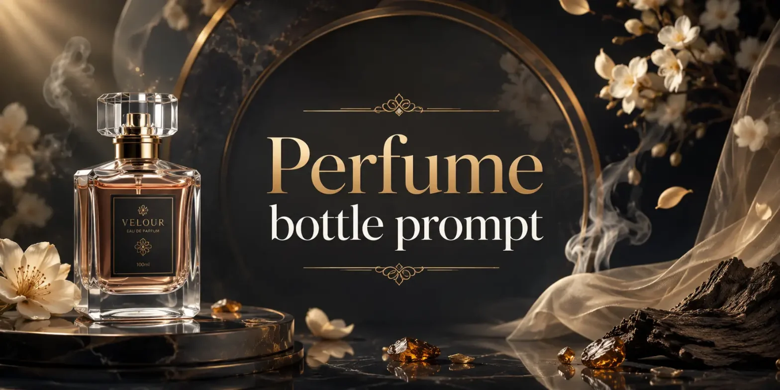 Luxury perfume bottle banner with the text "Perfume bottle prompt