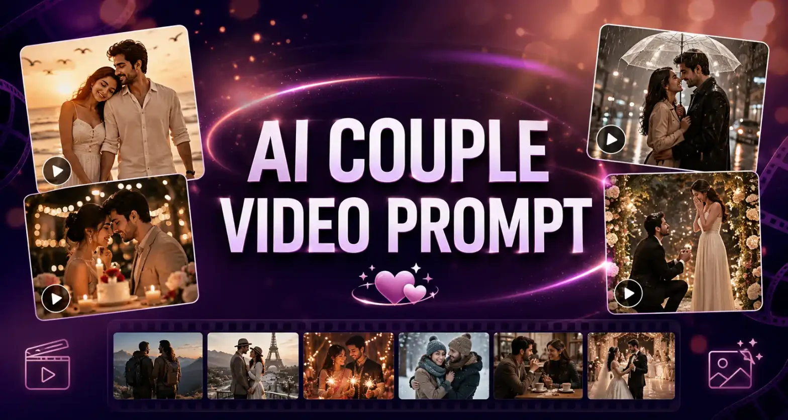 AI Couple Video Prompt banner with romantic couple scenes and cinematic video effects.