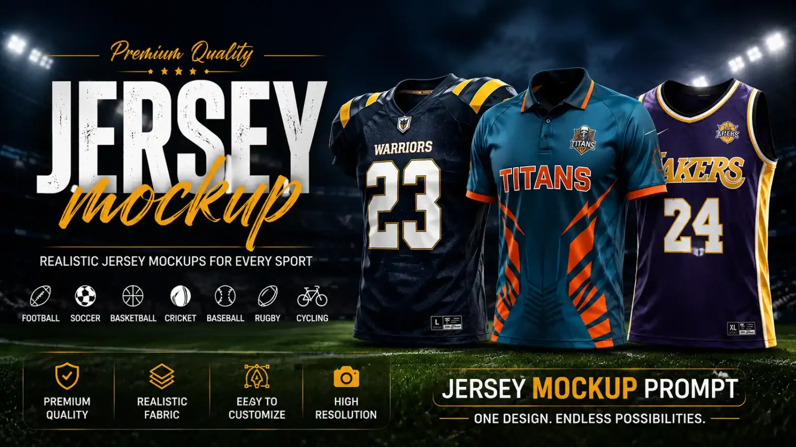 Professional jersey mockup prompt banner featuring realistic sports jerseys in a stadium.