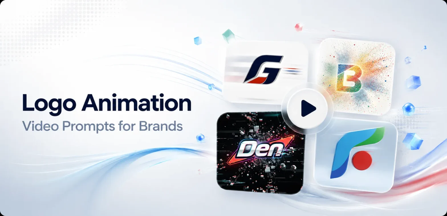 Minimalist horizontal banner featuring the heading "Logo Animation Video Prompts for Brands" with four modern logo animation preview cards.
