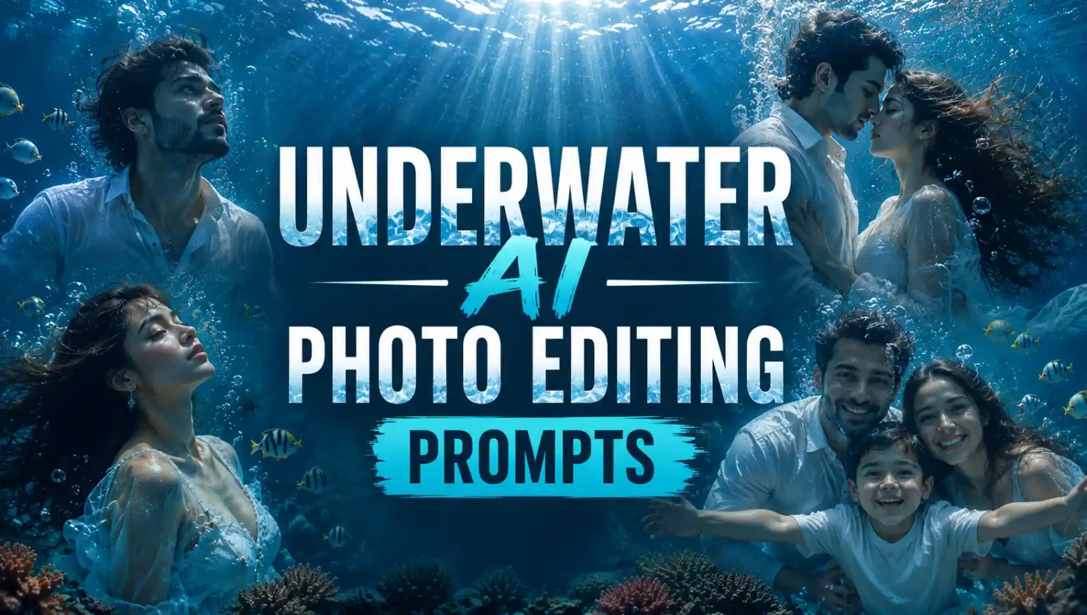 Underwater banner with a man, woman, couple, and family in a tropical ocean.