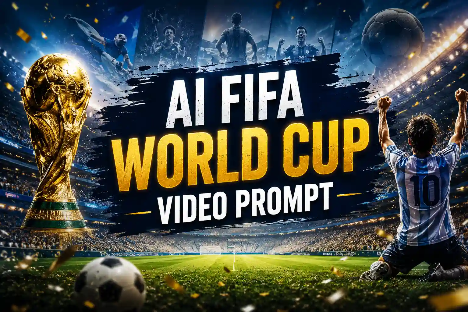 AI FIFA World Cup banner with trophy, stadium, and celebrating football player.