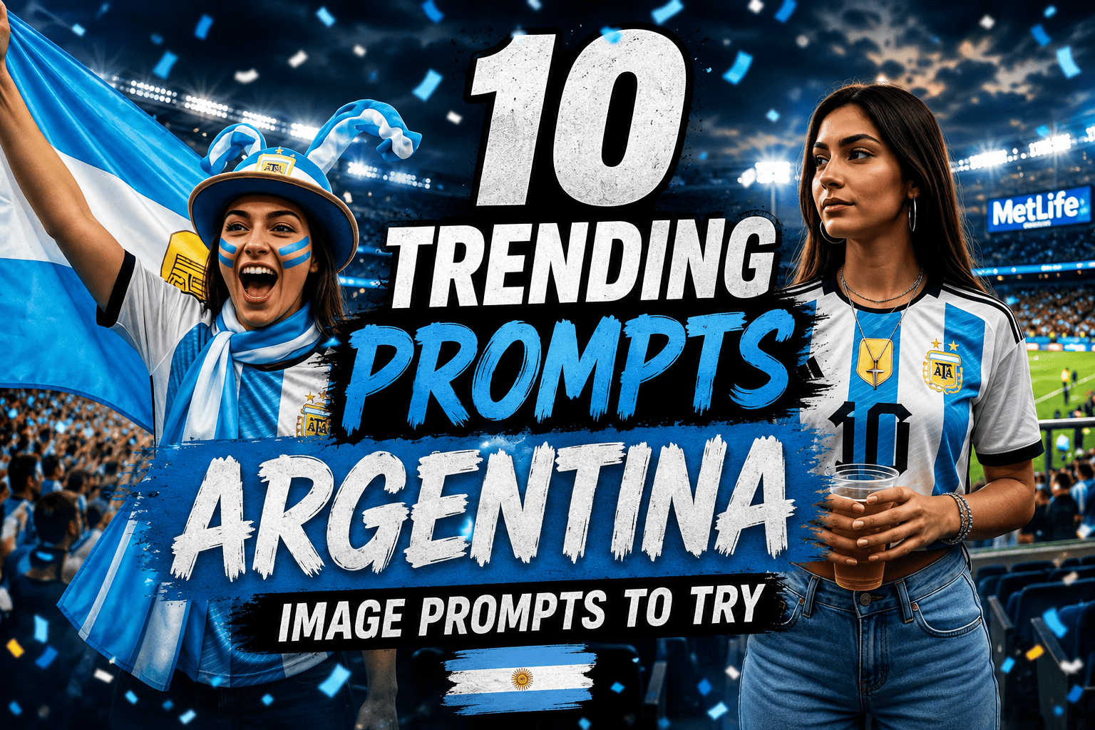 Excited Argentina football fans in a packed stadium celebrate match day as bold text highlights 10 trending Argentina image prompts to try.