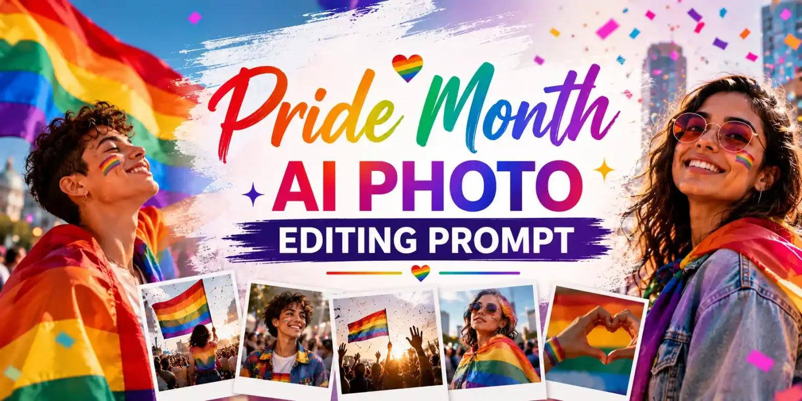 Pride Month banner with rainbow flags and colorful celebration visuals.
