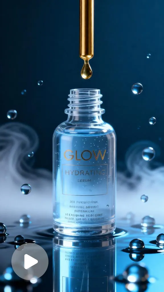 Luxury glass serum bottle with floating water droplets and soft blue lighting in a premium skincare advertisement. 