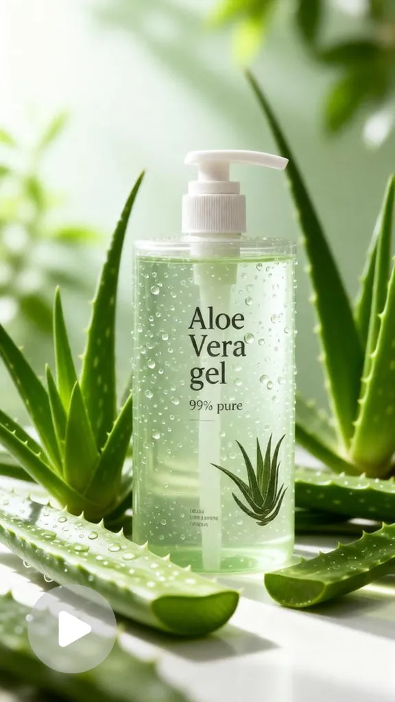 Aloe vera skincare cream jar surrounded by fresh aloe leaves and water splashes in a refreshing beauty commercial.