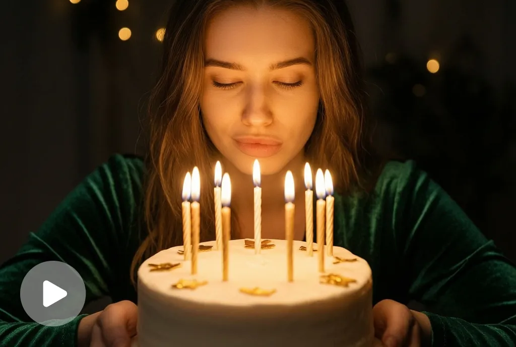 Video screenshot of a person making a birthday wish over a candlelit cake in a cinematic low-light scene.