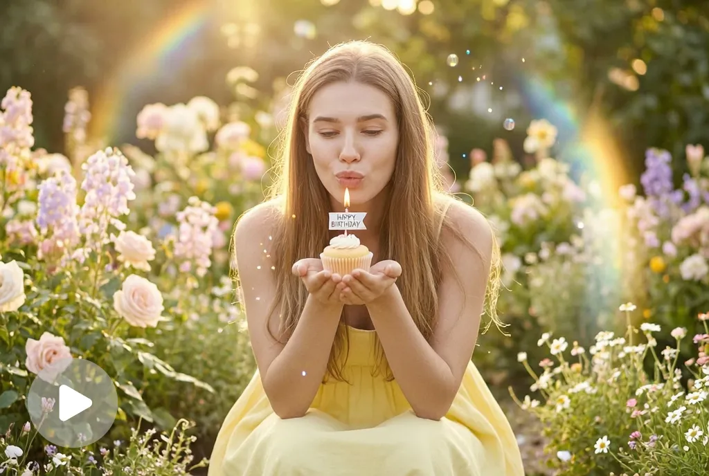 Video screenshot of a person blowing out a candle on a birthday cupcake in a bright garden.