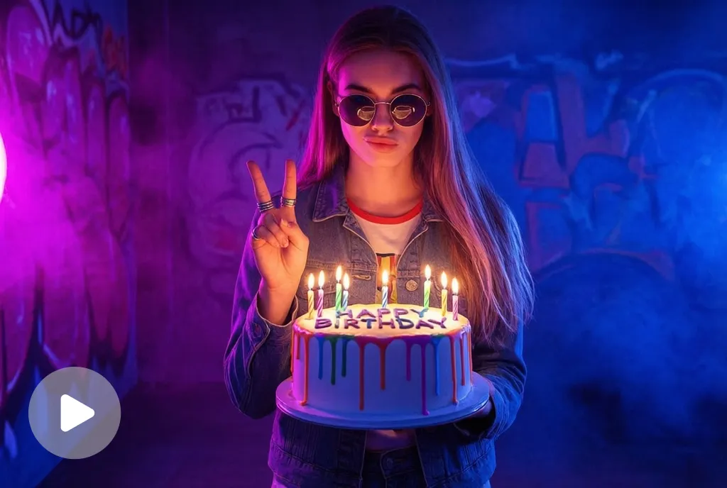 Video screenshot of a person posing with a peace sign holding a birthday cake.