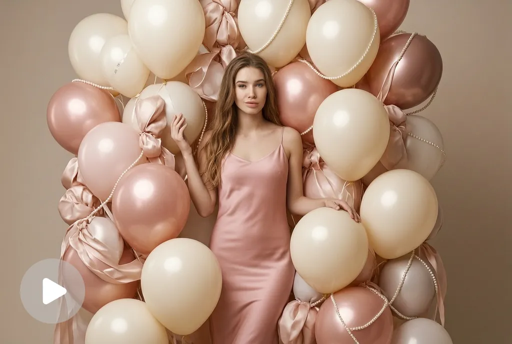 Video screenshot of a person surrounded by elegant birthday balloons in a luxury studio setting.