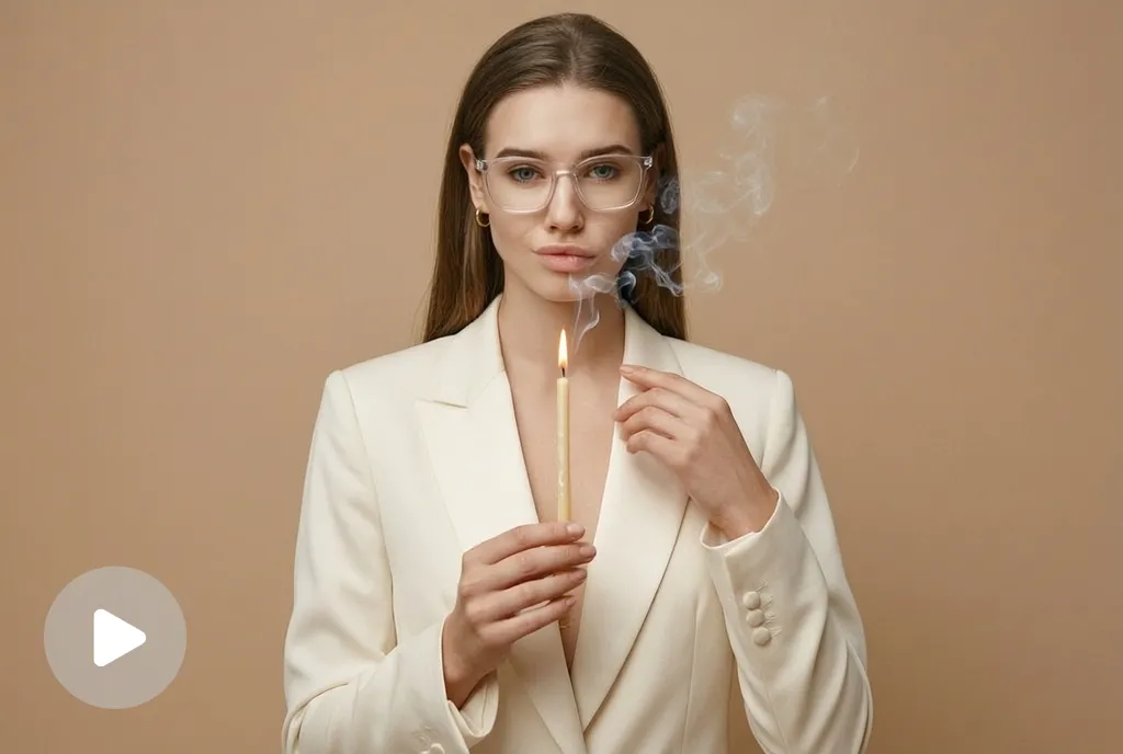 Video screenshot of a person holding a single lit birthday candle in an editorial studio portrait.