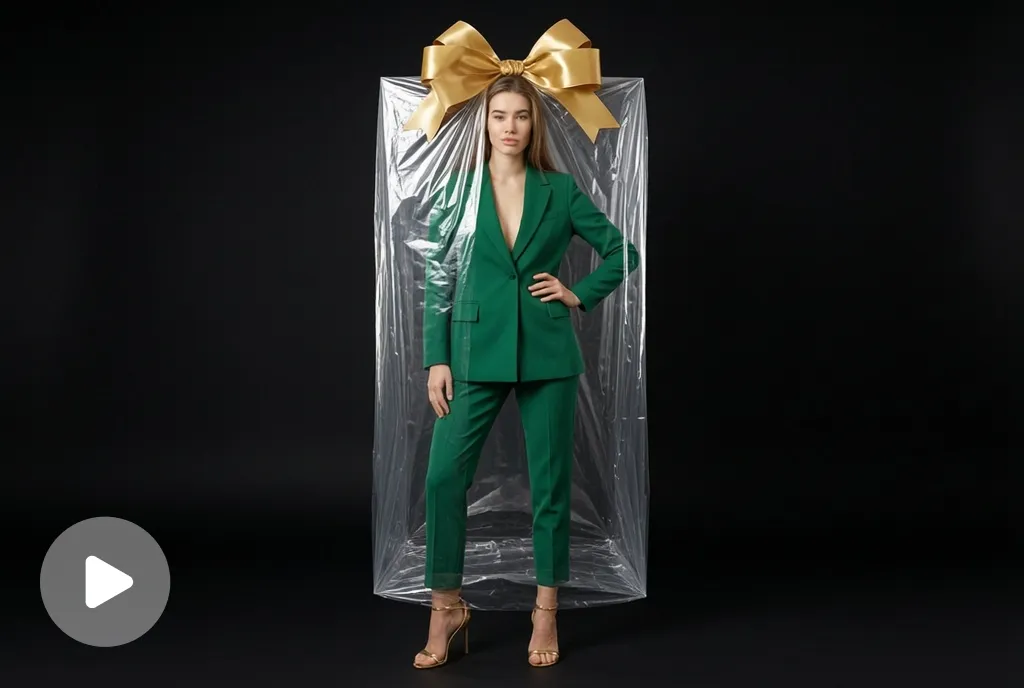 Video screenshot of a person wrapped like a birthday gift with a gold ribbon in a fashion studio.
