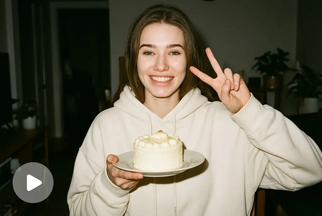 Video screenshot of a person smiling with a birthday cake in a cozy indoor night setting.