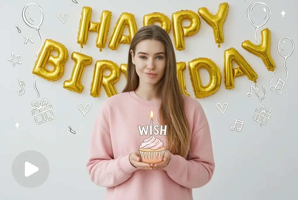 Video screenshot of a person holding a birthday cupcake with festive balloon letters and birthday doodles.