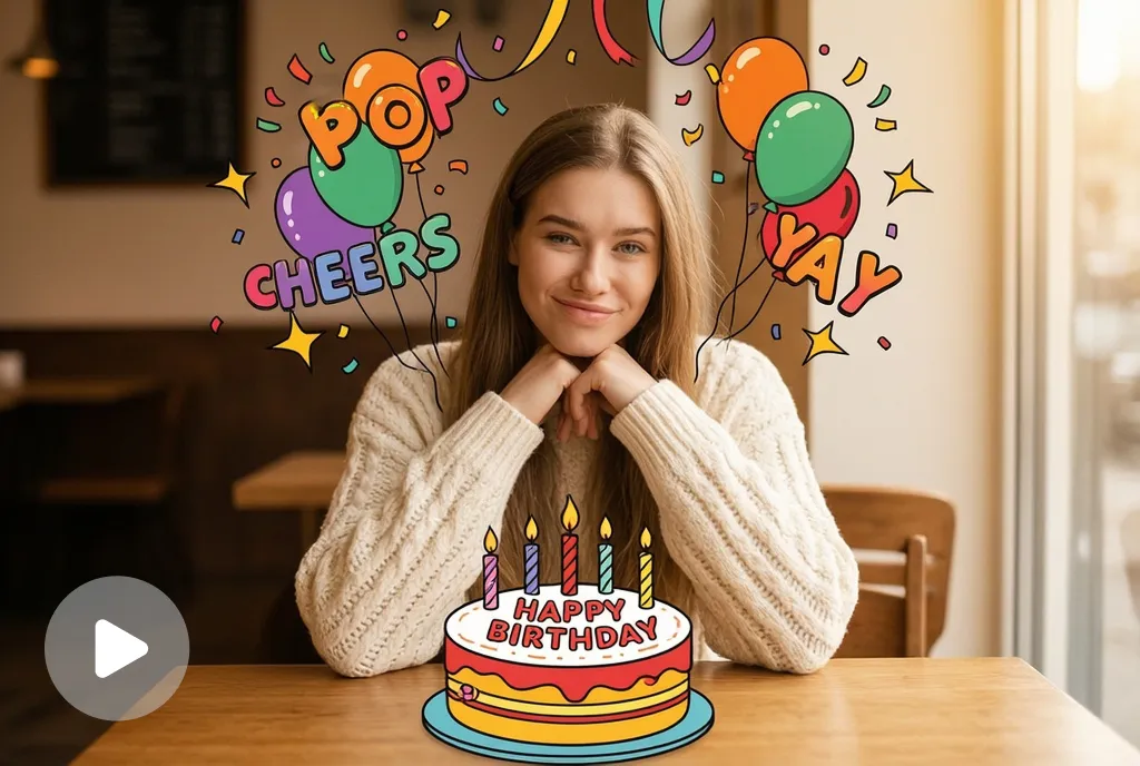 Video screenshot of a person smiling at a café table with colorful birthday-themed graphics.