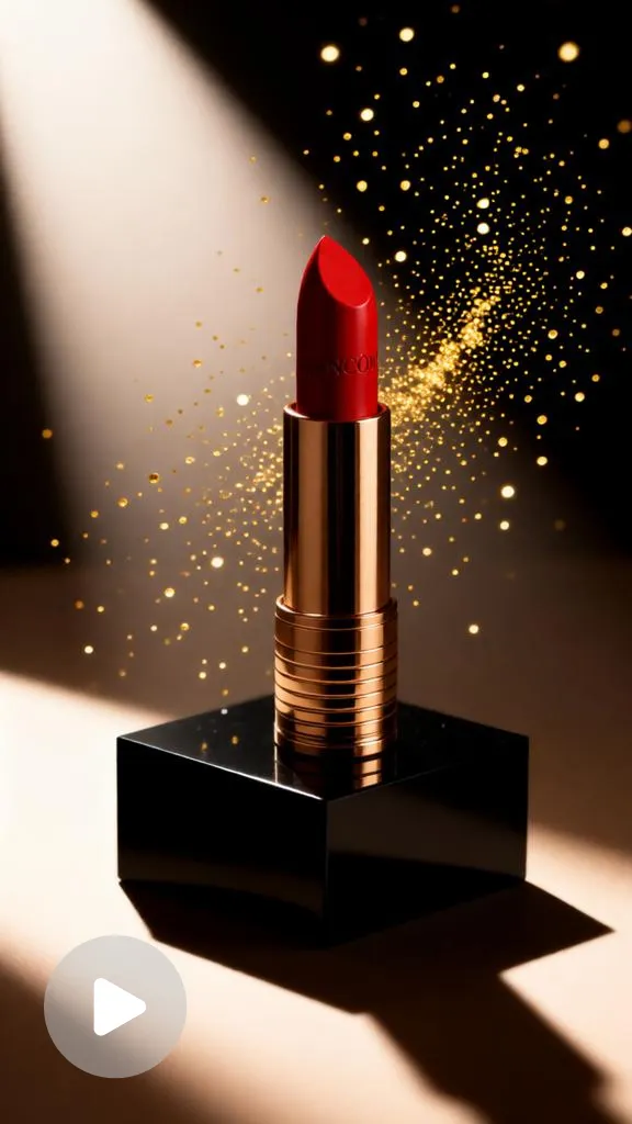 Premium red lipstick on a black pedestal with floating gold particles in a luxury makeup advertisement.