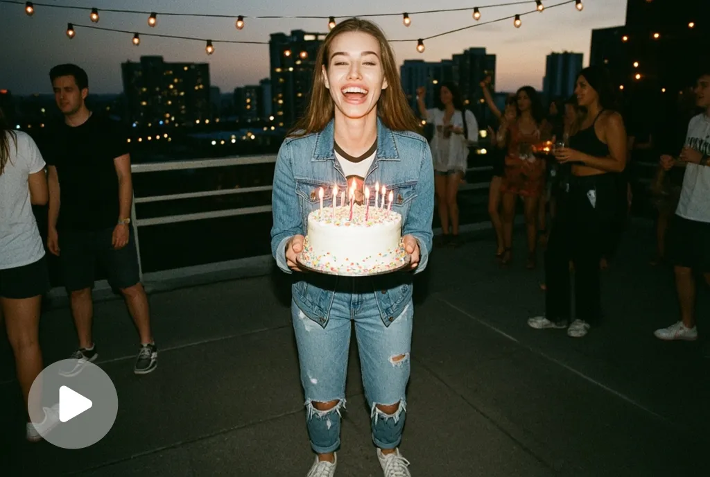 Video screenshot of a person laughing while holding a birthday cake at a rooftop party at night.