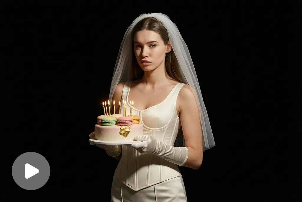 Video screenshot of a person holding a pastel birthday cake under a dramatic studio spotlight.