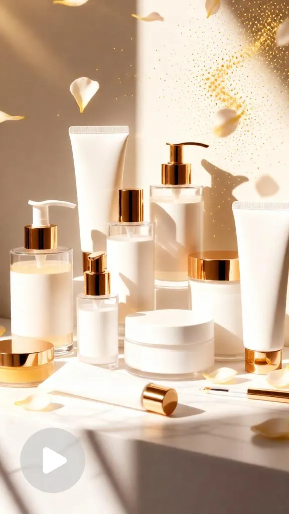 Luxury skincare and makeup products displayed on white marble with flower petals and golden particles.