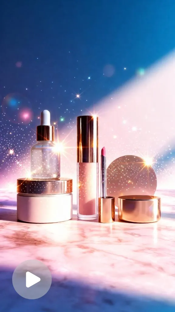 Serum, lipstick, and cream products arranged with glowing effects for a stylish social media beauty advertisement.