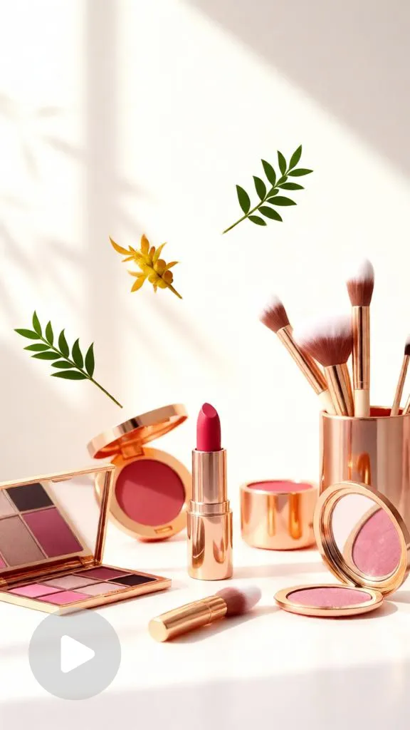 Minimalist skincare products with floating botanical ingredients on a bright white background in an organic beauty advertisement.