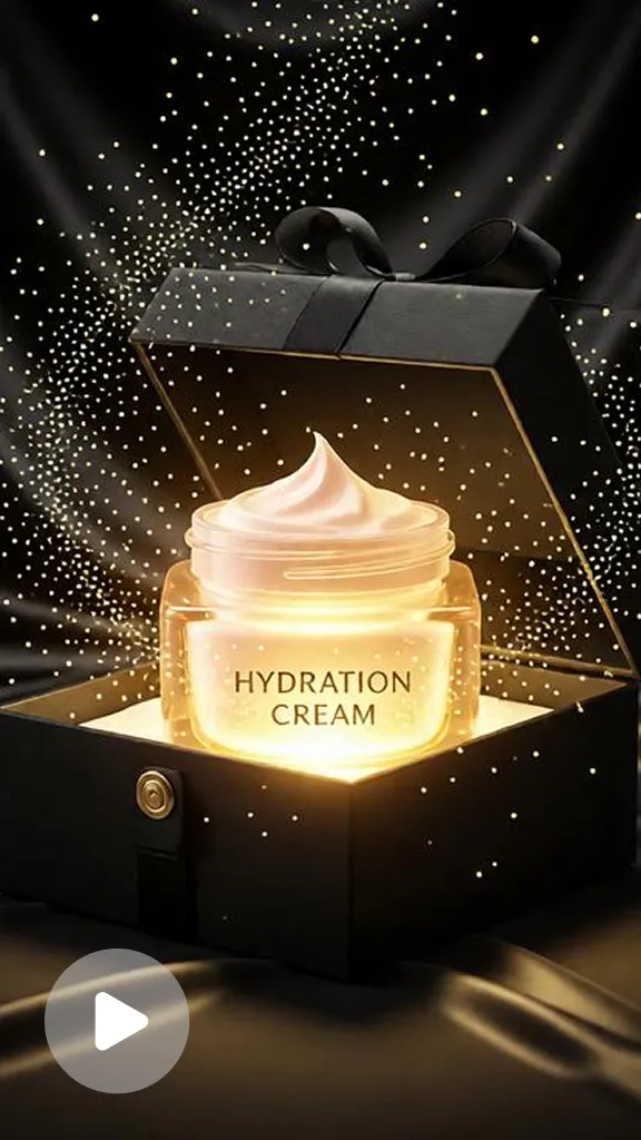 Glowing cosmetic product emerging from a black gift box with golden light and shimmering particles.