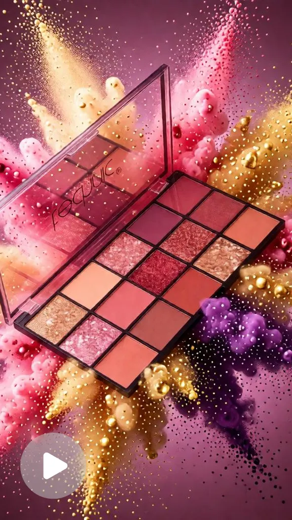 Colorful eyeshadow palette surrounded by vibrant pigment powder clouds in a glamorous beauty campaign.