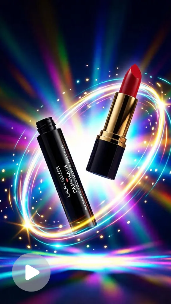 Mascara and lipstick with sparkles and floating particles in a trendy TikTok beauty campaign.