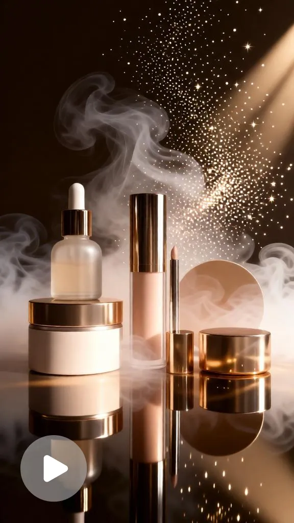 Three luxury cosmetic products surrounded by soft smoke and sparkling particles in a beauty collection launch campaign.