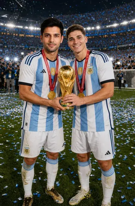 Fan celebrating with Julián Álvarez while holding the FIFA World Cup trophy.
