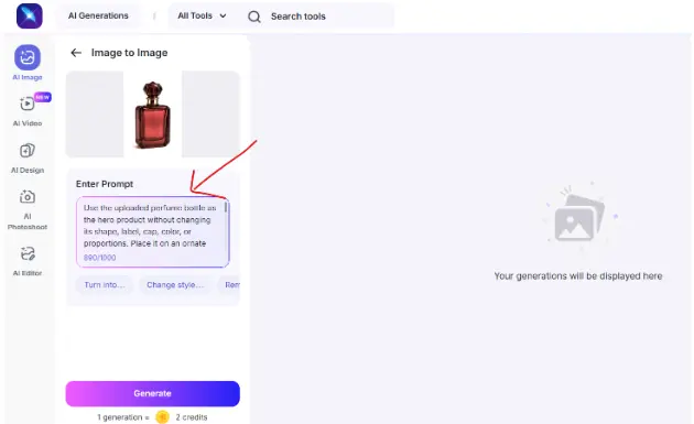 Screenshot of the LightX Image-to-Image tool showing a perfume bottle image and a prompt entered in the prompt box.