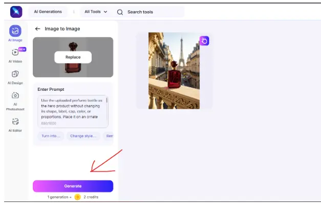 Screenshot of the LightX Image-to-Image tool showing a generated perfume advertisement and the Generate button highlighted with a red arrow.