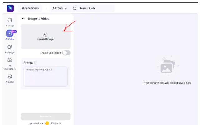 Screenshot of the LightX Image to Video editor showing the Upload Image button highlighted with a red arrow and a prompt box below it.