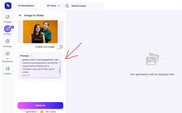 Screenshot of the LightX Image to Video editor showing an uploaded couple photo and a filled prompt box highlighted with a red arrow before generating the video