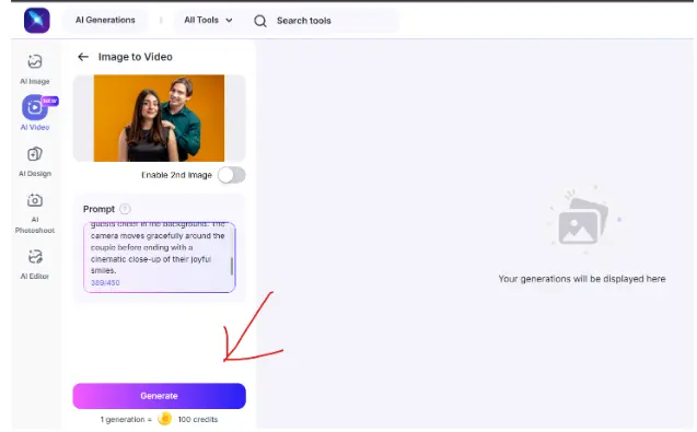 Screenshot of the LightX Image to Video editor with an uploaded couple photo, a completed prompt, and the Generate button highlighted with a red arrow.