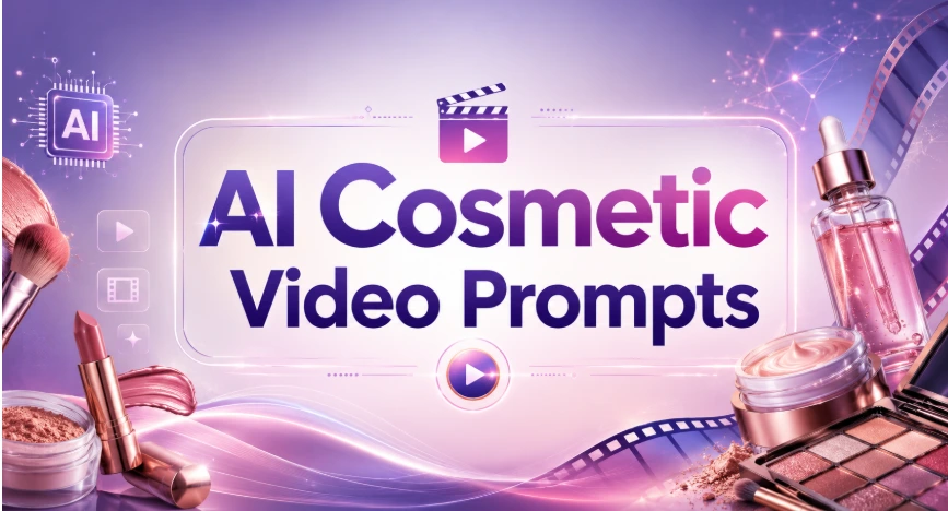 AI Cosmetic Video Prompts banner with luxury skincare and makeup products.