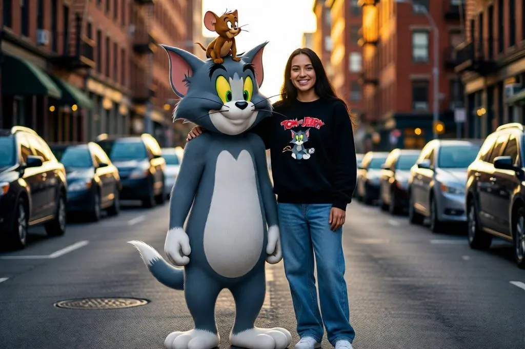 Young woman posing with Tom and Jerry on a city street at sunset.