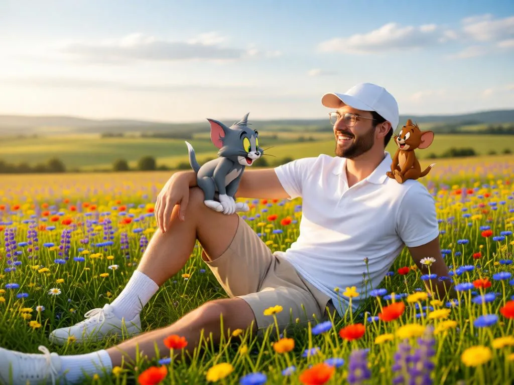 A young man relaxing in a flower meadow with Tom and Jerry.